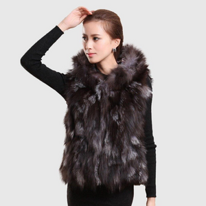 natural Silver Fox Fur Vest with Big Hood Waistcoat In Fashion Jacket