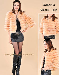 Women's Short Natural Fox Fur Coat with Three Quarter Sleeve