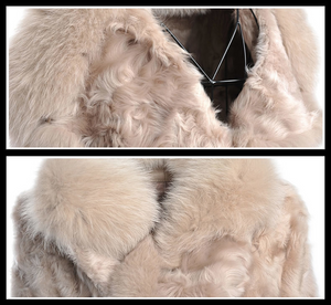 Natural Sheep Fur Coat Double Faced Overcoat Fox Fur Collar Trim Leather