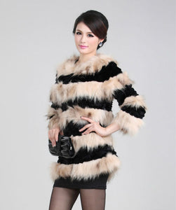 Real Raccoon & Rabbit Fur Coat Jacket Overcoat Bright Color Commuter Style FS13011