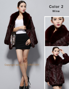 Natural Rabbit Fur Coat Fox Fur Collar Super Slim Waist Women Jacket Winter Overcoat
