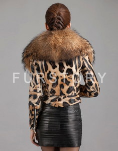 Women's Short Genuine Sheep Leather Coat with Raccoon Fur Collar