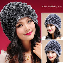 Load image into Gallery viewer, Women Knitted Real REX Rabbit Fur Hat Skullies Beanie Headgear 060108