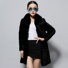 Load image into Gallery viewer, Women&#39;s Natural Rabbit Fur Overcoat with Real Fur Collar Classical Cross Stripe Plus Size Coat