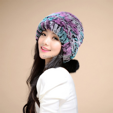 Load image into Gallery viewer, Women&#39;s Tight Knitted Real REX Rabbit Fur Hat Beanie Fur Fox Fur Pompom 14605