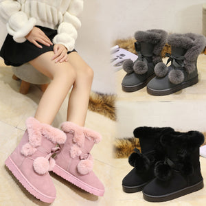 Women's Lovely Pompon Plush Lace Up Winter Ankle Snow Boots 22S31