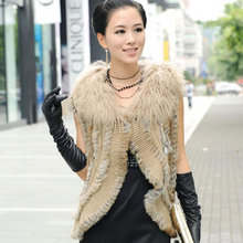 Load image into Gallery viewer, Natural Rabbit Fur Vest with Lamb Wool Fur Collar Hand Knit Vest Coat Jacket Shawl 6colors