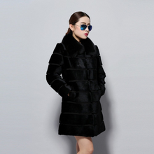 Load image into Gallery viewer, Women&#39;s Natural Rabbit Fur Overcoat with Real Fur Collar Classical Cross Stripe Plus Size Coat