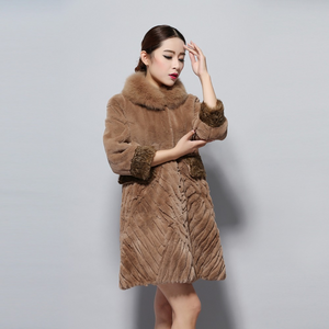 Women's Natural Rex Rabbit Fur Coats with Real Fox Fur Collar and Lamb Cuff Coat Female