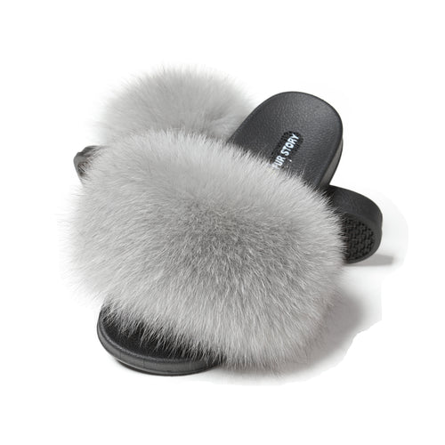 Fur Story FS19S02 Women's Fox Fur Slides Furry Slide Sandals Summer Fur Slippers