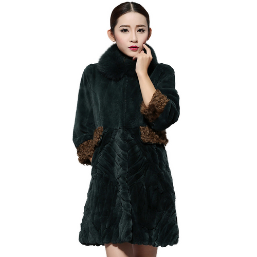 Women's Natural Rex Rabbit Fur Coats with Real Fox Fur Collar and Lamb Cuff Coat Female