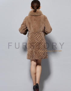 Women's Natural Rex Rabbit Fur Coats with Real Fox Fur Collar and Lamb Cuff Coat Female