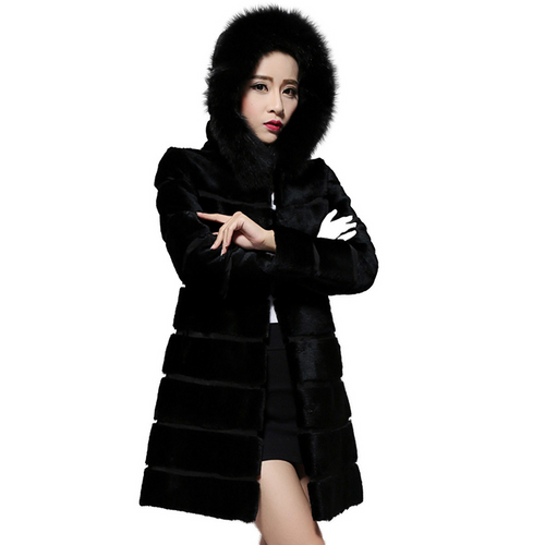 Natural Rabbit Fur Coat  with Hood Fox Fur Collar Top Grade Fur Jacket Outwear Winter Overcoat Women Dress