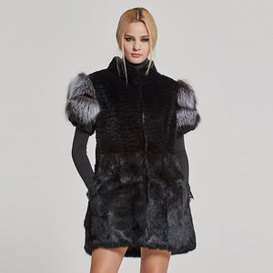 Women's Genuine Rabbit Fur Coat with Fox Fur Cuffs Warm Winter Coat 17215