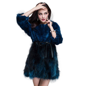 Women's Real Fur Coat Rabbit Fur Coats with Raccoon Hem Jacket