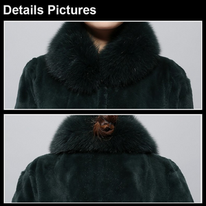 Women's Natural Rex Rabbit Fur Coats with Real Fox Fur Collar and Lamb Cuff Coat Female