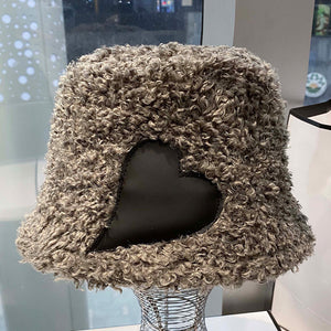 FUR STORY Women's heart pattern plush bucket hat warm fisherman's hat in winter 22625