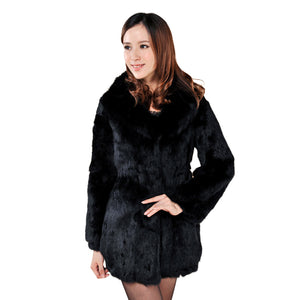 Winter Women's Rabbit Fur Coat with Fox Fur Collar Black Full Sleeve Natural Fur Coats Female