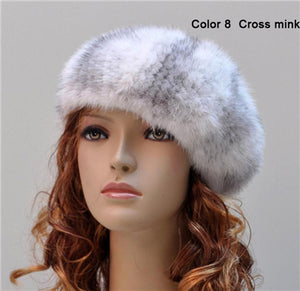 Women's Knitted Mink Fur Beret Hat Winter Fur Hat 14618