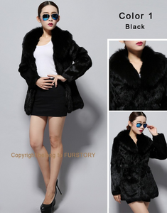 Natural Rabbit Fur Coat Fox Fur Collar Super Slim Waist Women Jacket Winter Overcoat