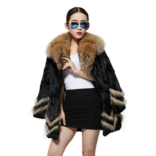 Natural Rabbit Fur Coat Supper Big Raccoon Fur Collar Women Overcoat Winter Outwear