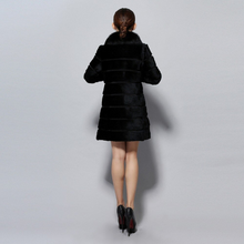 Load image into Gallery viewer, Women&#39;s Natural Rabbit Fur Overcoat with Real Fur Collar Classical Cross Stripe Plus Size Coat