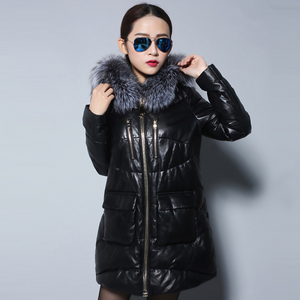 Women's Genuine Sheep Leather Down Coats Real Fox Fur Hood Warm Leather Down Coat Female