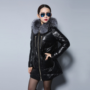 Women's Genuine Sheep Leather Down Coats Real Fox Fur Hood Warm Leather Down Coat Female