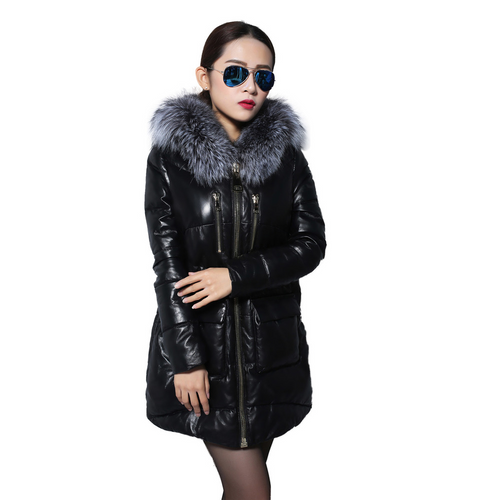 Women's Genuine Sheep Leather Down Coats Real Fox Fur Hood Warm Leather Down Coat Female