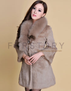 Women's Long Real Rabbit Fur Coat with Fox Fur Collor Fur Story FS13070