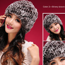 Load image into Gallery viewer, Women Knitted Real REX Rabbit Fur Hat Skullies Beanie Headgear 060108