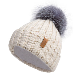 Knitted Beanie Hat with Fur Pom