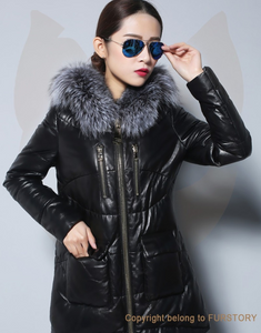 Women's Genuine Sheep Leather Down Coats Real Fox Fur Hood Warm Leather Down Coat Female