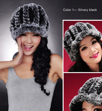 Load image into Gallery viewer, Women&#39;s Hats Winter Real Rex Rabbit Fur Hat Wool Visor Ski Hat Cap 13615