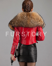 Load image into Gallery viewer, Women&#39;s Short Genuine Sheep Leather Coat with Raccoon Fur Collar