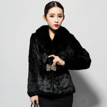 Load image into Gallery viewer, Women&#39;s Rabbit Fur Coat Luxury Buckle Slim Waist Real Fur Coat Female Winter Fox Fur Collar Jackets