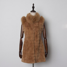 Load image into Gallery viewer, Natural Rex Rabbit Fur Vest with Fox Fur Collar and Cuff Lace Hem Real Fur Vest Female 13218