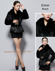 Women's Rabbit Fur Coat Luxury Buckle Slim Waist Real Fur Coat Female Winter Fox Fur Collar Jackets