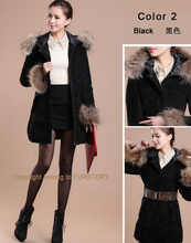 Load image into Gallery viewer, Winter Pig Leather Suede Windbreak with Natural Raccoon Fur Hood Slim Waist Women&#39;s Coats