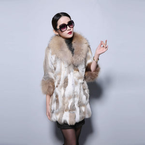 Real Rabbit Fur Coat with Raccoon Fur Collar and Cuff Jacket Overcoat  010130