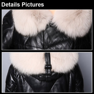 Real Sheep Leather Down Coat for Women Winter Long Overcoat Hood Jackets 151245