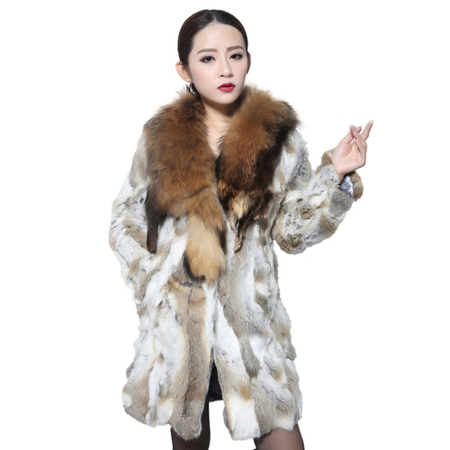 Women's Real Rabbit Fur Coat Luxury Raccoon Fur Collar Long Overcoat 010112