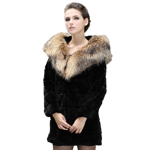 Women's  Real REX Rabbit Fur Coat with Hood Big Raccoon Fur Collar Jacket 010169