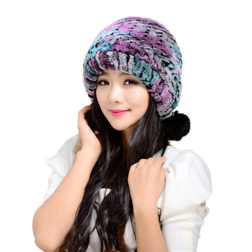 Women's Tight Knitted Real REX Rabbit Fur Hat Beanie Fur Fox Fur Pompom 14605