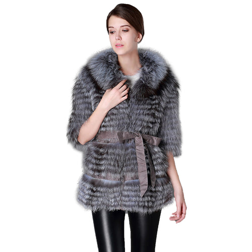 Women's Genuine Fox Fur Coat Raccoon Collar Slim Belt Short Sleeve Fur Coats  151167