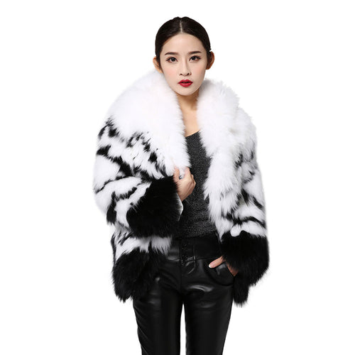 Women's Natural Fur Jacket with Big Hoodie Black Pattern Real Fox Fur Coat  151261