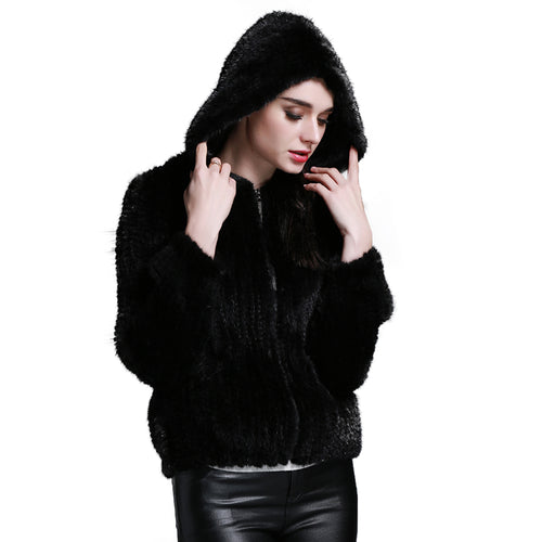Women's Genuine Knitted Mink Fur Coat with Hood Winter jacket Women 15131