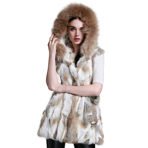 Women's Rabbit Fur Vest Hood Slim Belt Real Fur Waistcoat Female vests 15275