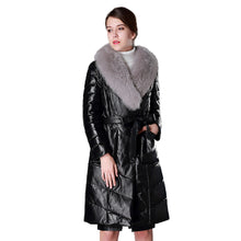 Load image into Gallery viewer, Women&#39;s Genuine Leather Coat with Fox Fur collar Down Stuffing Leather Coat 161194