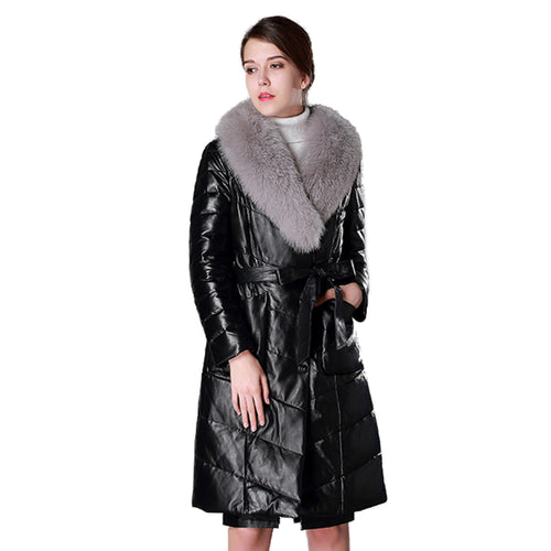 Women's Genuine Leather Coat with Fox Fur collar Down Stuffing Leather Coat 161194